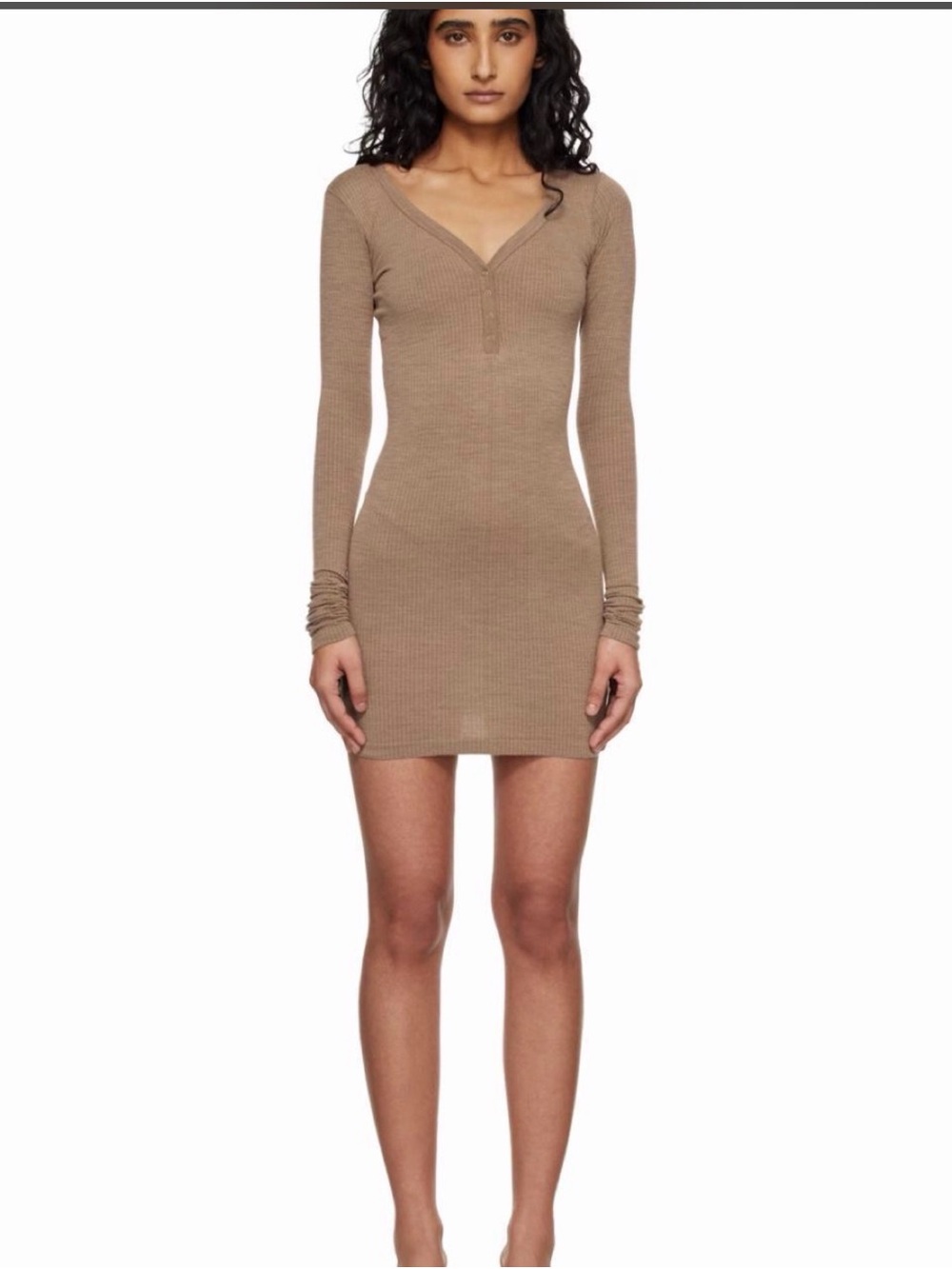 Skims Henley Dress Ribbed Long-Sleeve V-Neck Mini Dress - Taupe